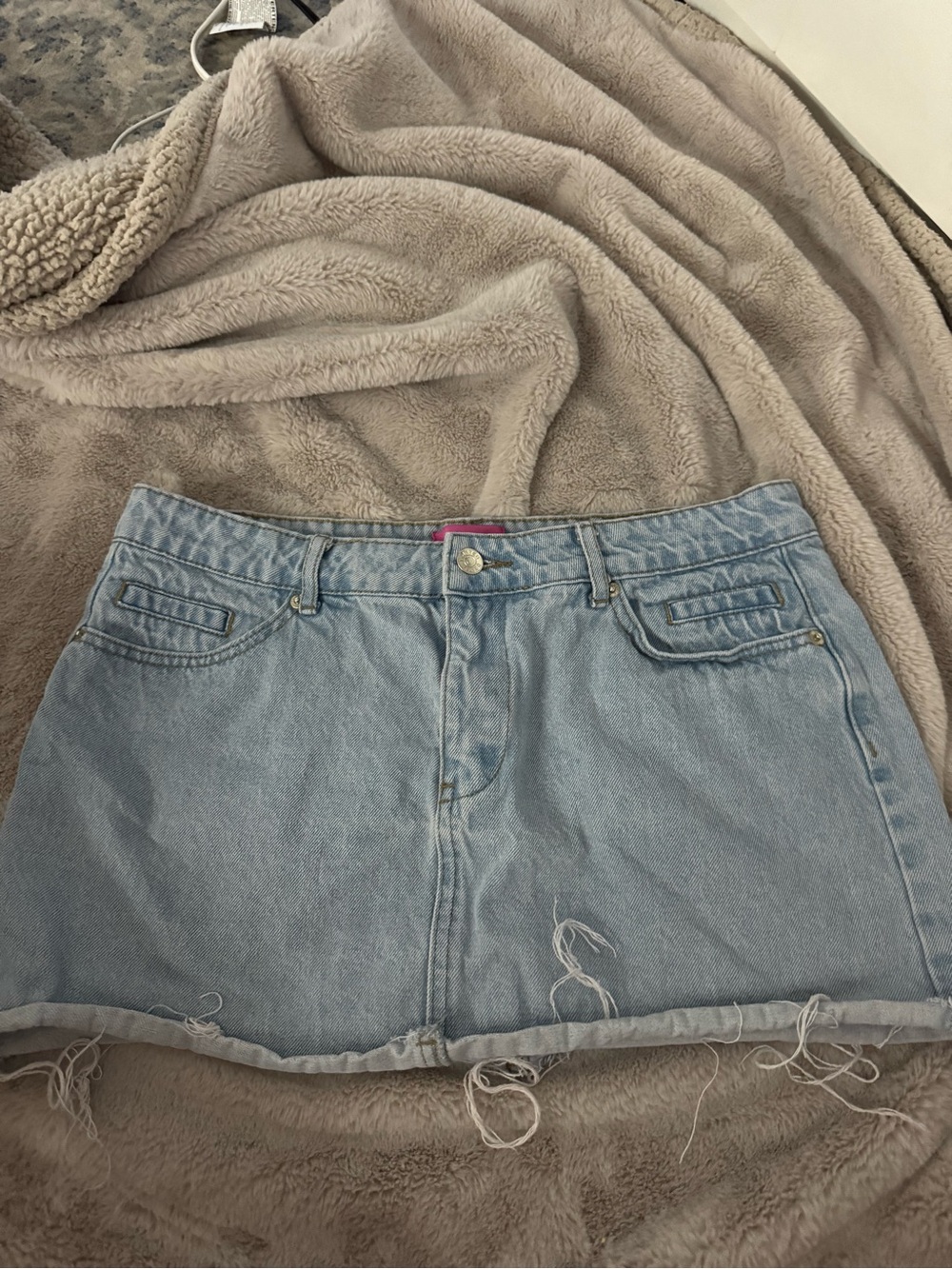 Edikted Light Blue Denim Mini Skirt with Distressed Hem